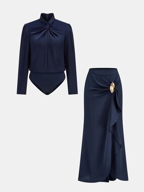 Commense Twisted Satin Bodysuit & Ruffle Maxi Skirt Set